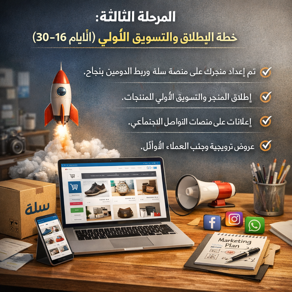 صورة تمثل خطة الإطلاق والتسويق الأولي لمتجر إلكتروني جديد.