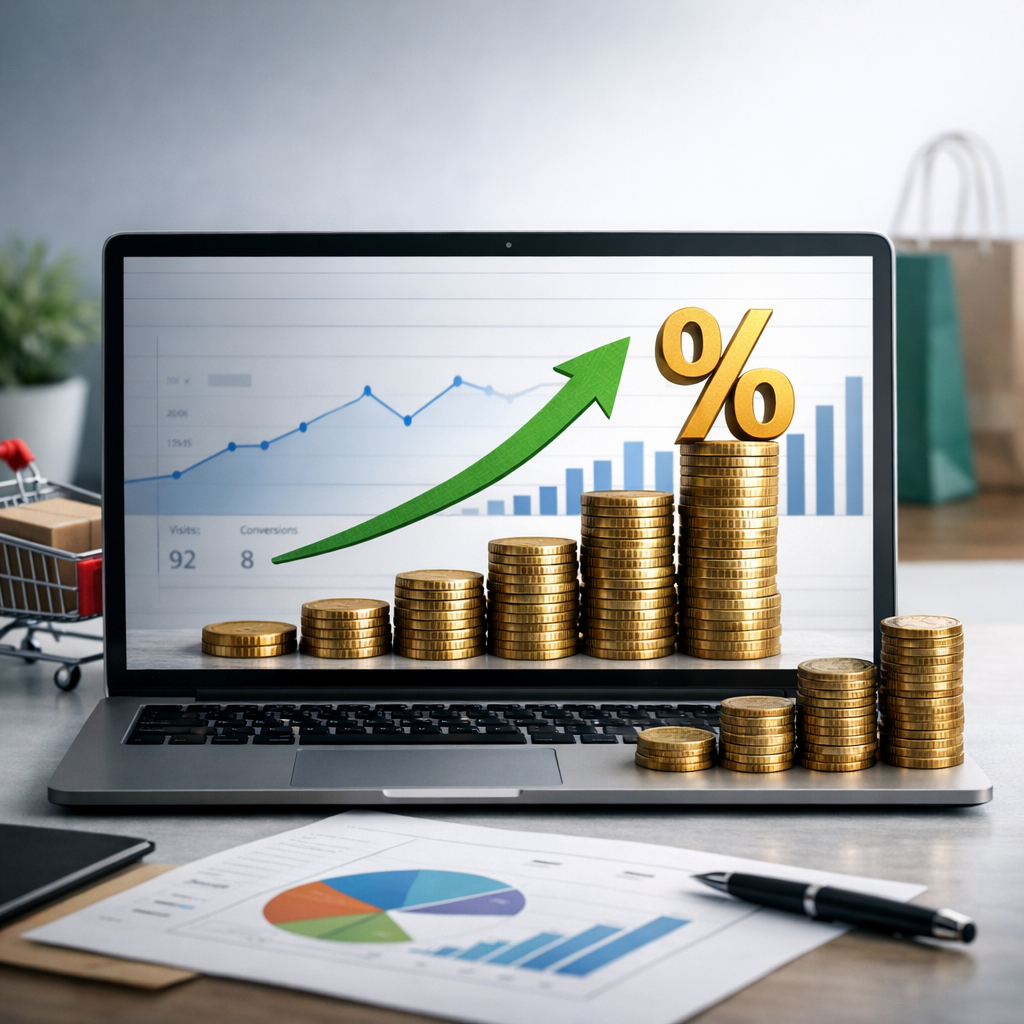 Create a high-end, photorealistic blog featured image for the section: 'مفهوم تحسين معدل التحويل (CRO): زيادة القيمة من كل زائر'.
Context: Article Topic is 'تحسين معدل التحويل (CRO) في متجر سلة: خطوات عملية'. content snippet: مفهوم تحسين معدل التحويل (CRO): القوة الخفية لزيادة أرباحك

هل تعتمد كلياً على الإعلا...
Design Guidelines:
1. Style: Modern, clean, professional, and photorealistic. No cartoons.
2. Text: MINIMAL to NO text. If text is absolutely necessary, it MUST be in the SAME language as the section title ('مفهوم تحسين معدل التحويل (CRO): زيادة القيمة من كل زائر').
3. Relevance: Visually represent the core concept of the section title.
