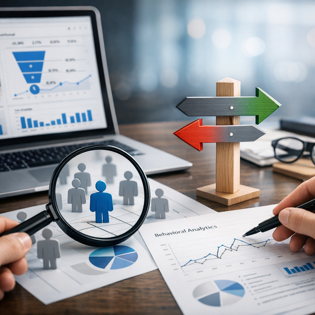 Create a high-end, photorealistic blog featured image for the section: 'تحليل سلوك المستخدم: أساسيات اتخاذ القرار العلمي'.
Context: Article Topic is 'تحسين معدل التحويل (CRO) في متجر سلة: خطوات عملية'. content snippet: تحليل سلوك المستخدم: الخطوة الأولى لخفض تكلفة اكتساب العميل (CPA)
لا يمكن أن تنجح است...
Design Guidelines:
1. Style: Modern, clean, professional, and photorealistic. No cartoons.
2. Text: MINIMAL to NO text. If text is absolutely necessary, it MUST be in the SAME language as the section title ('تحليل سلوك المستخدم: أساسيات اتخاذ القرار العلمي').
3. Relevance: Visually represent the core concept of the section title.
