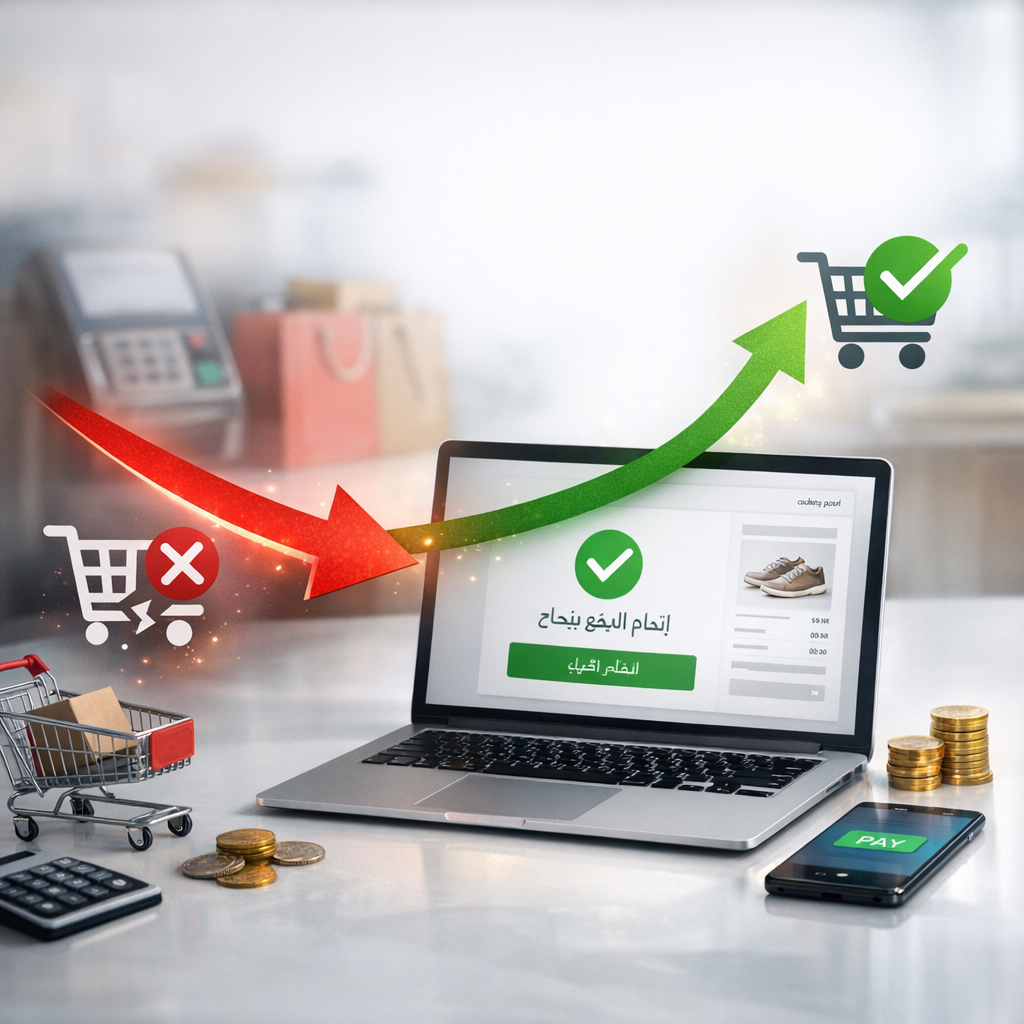 Create a high-end, photorealistic blog featured image for the section: 'تحسين عربة التسوق وعملية الدفع لتقليل الارتداد'.
Context: Article Topic is 'تحسين معدل التحويل (CRO) في متجر سلة: خطوات عملية'. content snippet: تحسين عربة التسوق والدفع: استراتيجيات لزيادة معدل التحويل (CRO) وخفض التكلفة

يُعد ا...
Design Guidelines:
1. Style: Modern, clean, professional, and photorealistic. No cartoons.
2. Text: MINIMAL to NO text. If text is absolutely necessary, it MUST be in the SAME language as the section title ('تحسين عربة التسوق وعملية الدفع لتقليل الارتداد').
3. Relevance: Visually represent the core concept of the section title.
