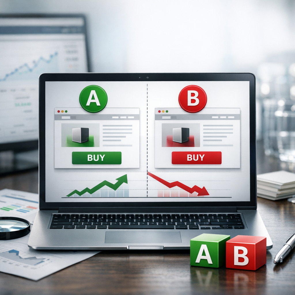 Create a high-end, photorealistic blog featured image for the section: 'الاختبار المنهجي: مفتاح النمو المستدام (A/B Testing)'.
Context: Article Topic is 'تحسين معدل التحويل (CRO) في متجر سلة: خطوات عملية'. content snippet: الاختبار المنهجي: مفتاح النمو المستدام وتحليل البيانات
التحسين المنهجي لمعدل الت�...
Design Guidelines:
1. Style: Modern, clean, professional, and photorealistic. No cartoons.
2. Text: MINIMAL to NO text. If text is absolutely necessary, it MUST be in the SAME language as the section title ('الاختبار المنهجي: مفتاح النمو المستدام (A/B Testing)').
3. Relevance: Visually represent the core concept of the section title.
