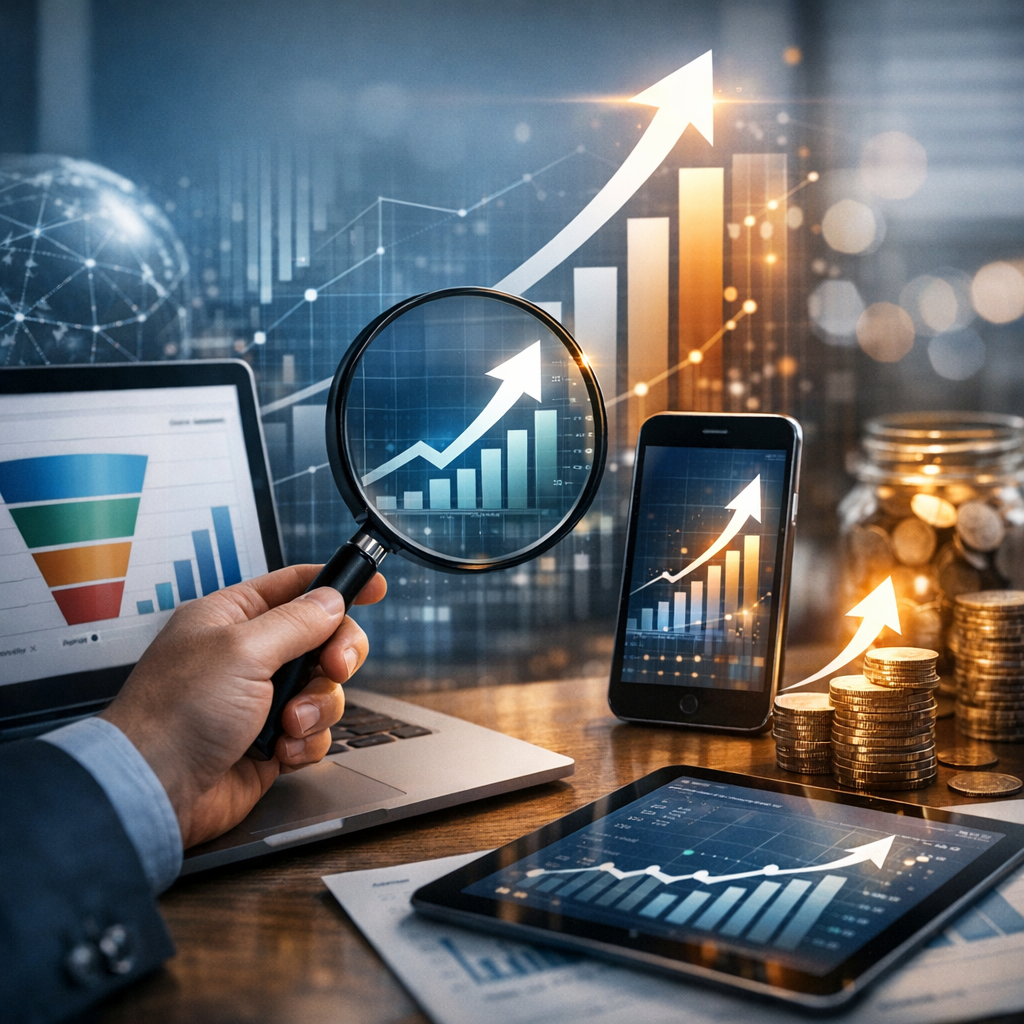 Create a high-end, photorealistic blog featured image for the section: 'التحليل المستمر وإدارة النمو الرقمي'.
Context: Article Topic is 'تحسين معدل التحويل (CRO) في متجر سلة: خطوات عملية'. content snippet: التحليل المستمر وإدارة النمو الرقمي: ضمان عائد الاستثمار (ROI)
تحسين معدل التحويل (Con...
Design Guidelines:
1. Style: Modern, clean, professional, and photorealistic. No cartoons.
2. Text: MINIMAL to NO text. If text is absolutely necessary, it MUST be in the SAME language as the section title ('التحليل المستمر وإدارة النمو الرقمي').
3. Relevance: Visually represent the core concept of the section title.
