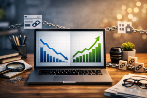 A laptop displays two charts: one showing a declining blue bar graph and line, and the other showing a rising green bar graph and line. A metal chain with icons representing web links (one with a link icon, one with a building icon) stretches across the background. Wooden blocks with link icons are on the desk next to the laptop.