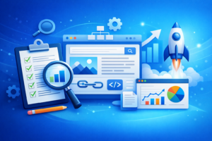 A digital illustration representing SEO concepts, featuring a clipboard with a checklist, magnifying glass over a bar chart, a browser window showing website elements (search bar, image placeholder, link icon, code tag), a document with performance graphs and a pie chart, a gear icon, and a rocket launching upwards against a blue, starry background.