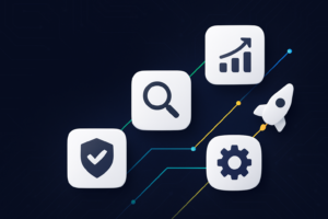 Four white rounded square icons arranged in a flow diagram against a dark blue background with circuit board lines. The icons represent security (shield with checkmark), search (magnifying glass), analytics (bar chart with upward arrow), and settings (gear). A white rocket is launching upwards past the icons, connected by colored lines indicating a process or growth path.