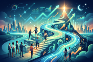 A stylized, futuristic illustration depicting business professionals climbing illuminated stairs towards a glowing peak, symbolizing growth and success. The path is overlaid with digital graphs, charts, arrows pointing up, network nodes, and the word 'Keywords', set against a backdrop of a modern cityscape at night.