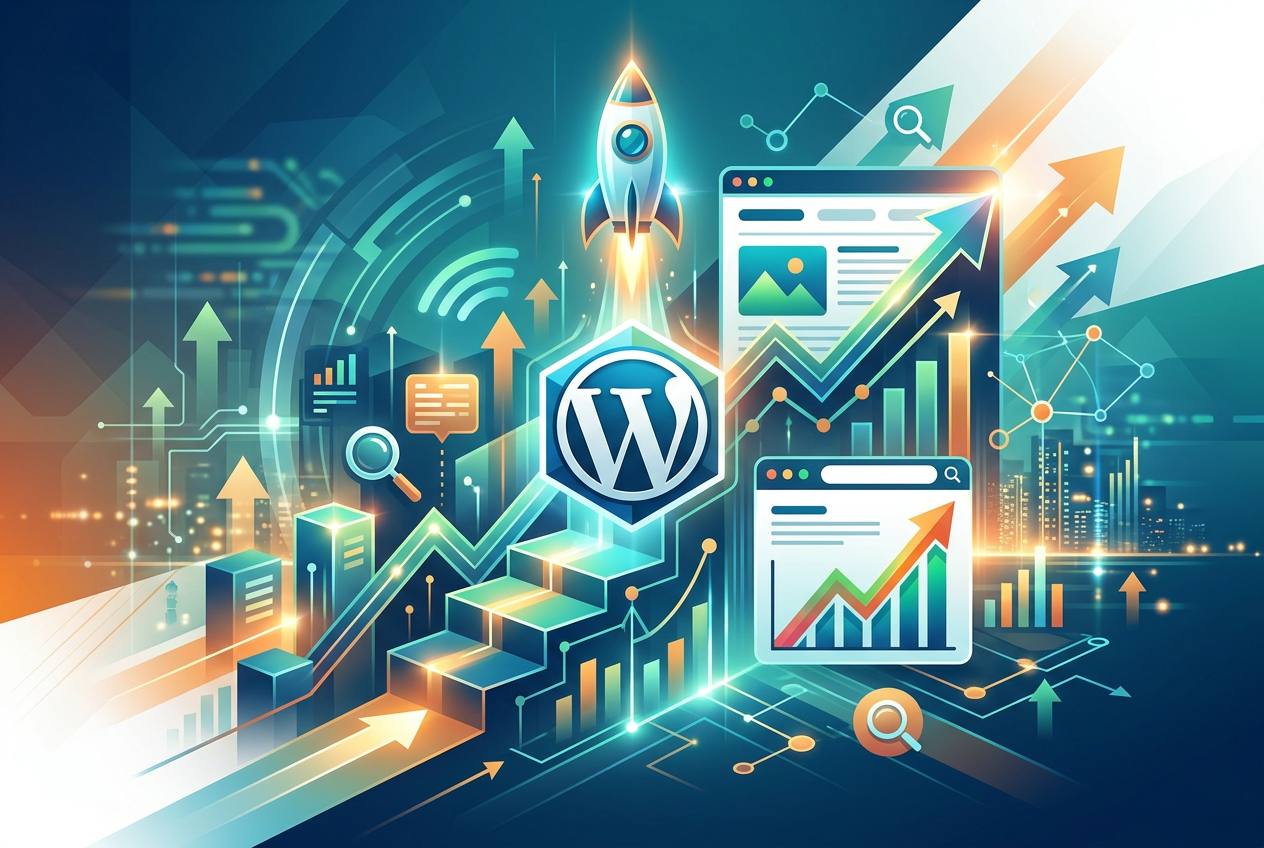 A vibrant, futuristic digital illustration representing WordPress SEO success. It features a central WordPress logo on a hexagonal base, with a rocket launching upwards, symbolizing growth. Surrounding elements include bar graphs, line charts showing upward trends, magnifying glasses for search, and abstract city lights in the background, all conveying digital marketing and traffic increase.