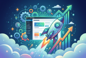 A stylized illustration depicting rapid website growth. A glowing, futuristic rocket is launching upwards past a computer screen showing a dashboard (with a WordPress logo visible) and ascending over colorful bar graphs and upward-pointing arrows, set against a dark blue background with gears, network nodes, and clouds.