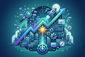 A vibrant, stylized illustration depicting business growth and data analysis, featuring a large upward-trending arrow graph overlaid on a futuristic cityscape, a launching rocket, magnifying glass, gears, digital dashboards showing charts, and compasses, all rendered in neon blue and purple tones against a dark background.