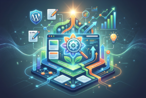 A vibrant, digital illustration depicting the core concepts of Search Engine Optimization (SEO) feeding into a central glowing flower/growth metaphor on a computer screen. Elements visible include a WordPress shield icon, documents labeled 'Quality', arrows indicating upward growth, charts, a lightbulb for ideas, and labeled pathways for 'Headings', 'Keywords', 'Links', and 'Engagement'.