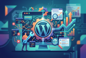 Illustration depicting WordPress SEO maintenance and optimization, featuring a large WordPress logo within a gear, a technician holding a glowing wrench, code windows with error symbols, and charts showing upward growth trends.