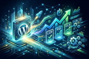 A futuristic, neon-lit digital illustration showing the WordPress logo on a platform, connected by glowing data streams to performance metrics like LCP, FID, and CLS, with an upward trending graph and a rocket symbolizing speed and optimization.