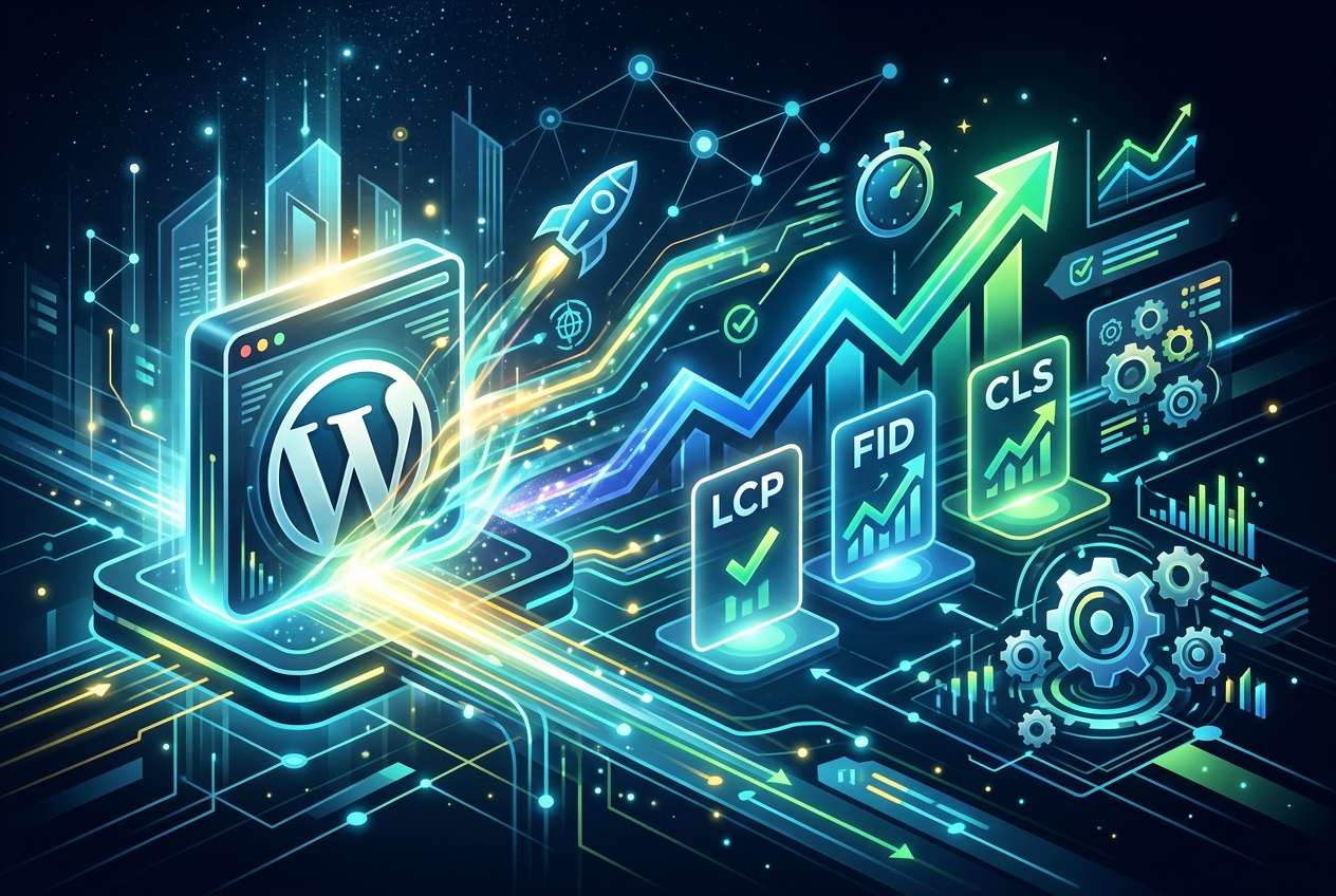 A futuristic, neon-lit digital illustration showing the WordPress logo on a platform, connected by glowing data streams to performance metrics like LCP, FID, and CLS, with an upward trending graph and a rocket symbolizing speed and optimization.
