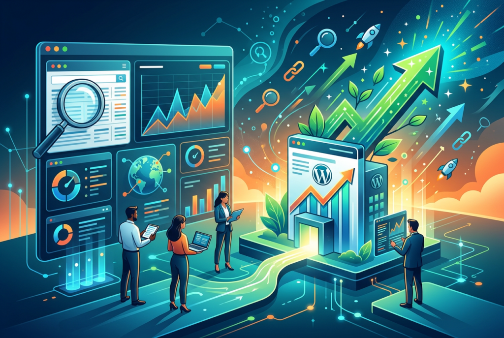 Four business professionals analyze digital dashboards displaying charts, graphs, and a globe, symbolizing data analysis and SEO strategy. A large screen shows a magnifying glass over content. To the right, a glowing WordPress interface with an upward trending arrow is central to a scene featuring green growth arrows, rockets, and link icons ascending towards a bright sky, suggesting successful WordPress SEO performance.