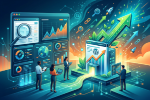 Four business professionals analyze digital dashboards displaying charts, graphs, and a globe, symbolizing data analysis and SEO strategy. A large screen shows a magnifying glass over content. To the right, a glowing WordPress interface with an upward trending arrow is central to a scene featuring green growth arrows, rockets, and link icons ascending towards a bright sky, suggesting successful WordPress SEO performance.