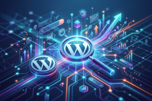 A futuristic, glowing digital illustration featuring two WordPress logos, one magnified by a large magnifying glass, set against a dark background with blue and purple circuit board lines, data visualizations, upward trending arrows, and search bar icons, symbolizing WordPress SEO and keyword research.