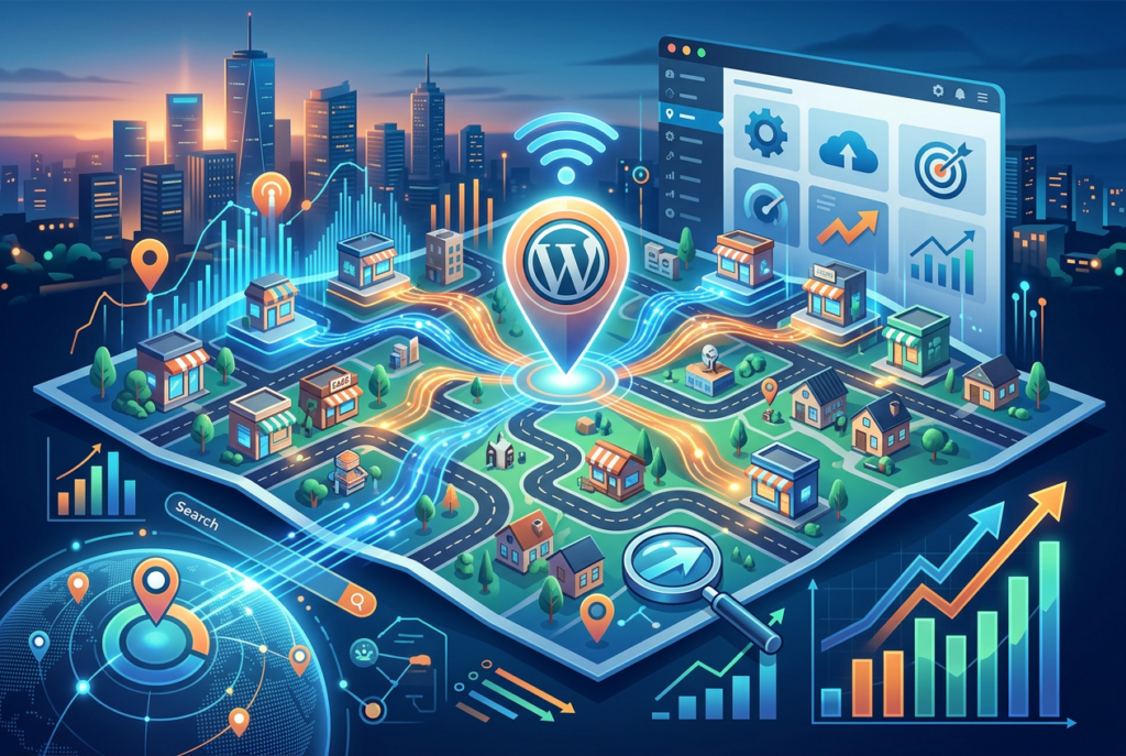 An isometric illustration depicting local SEO strategy centered around a large WordPress location pin. Glowing data streams connect various small businesses and houses on a map to the central pin and a large dashboard interface showing analytics, charts, and search functions, set against a modern city skyline at dusk.
