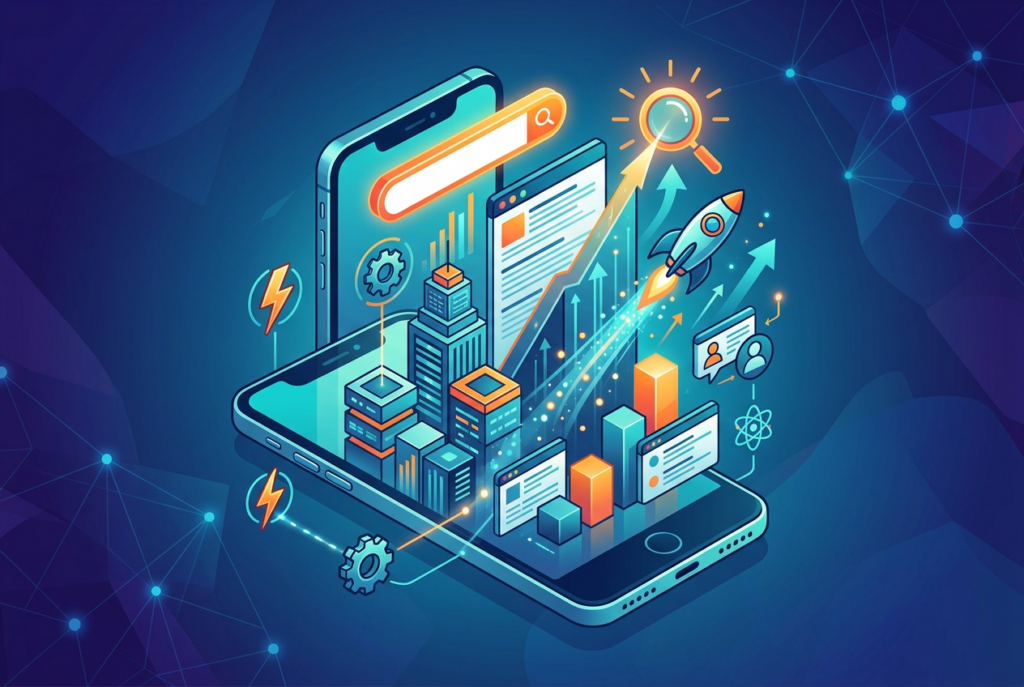 Isometric illustration depicting mobile SEO concepts, featuring a smartphone displaying a search bar, rising bar graphs, city buildings, a magnifying glass pointing upwards, a launching rocket, and icons for settings, energy, and user profiles against a dark blue, networked background.