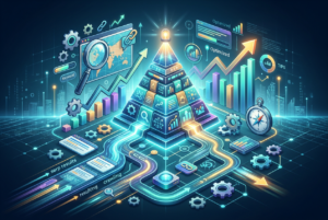 A futuristic, glowing isometric illustration depicting the core concepts of Search Engine Optimization (SEO). It features a central pyramid structure made of data blocks, surrounded by elements like a magnifying glass over a world map (keyword research), upward trending bar graphs, a compass (navigation/direction), gears (optimization), and data flows labeled 'crawling', 'resulting', and 'serp results'. The overall aesthetic is high-tech and digital.
