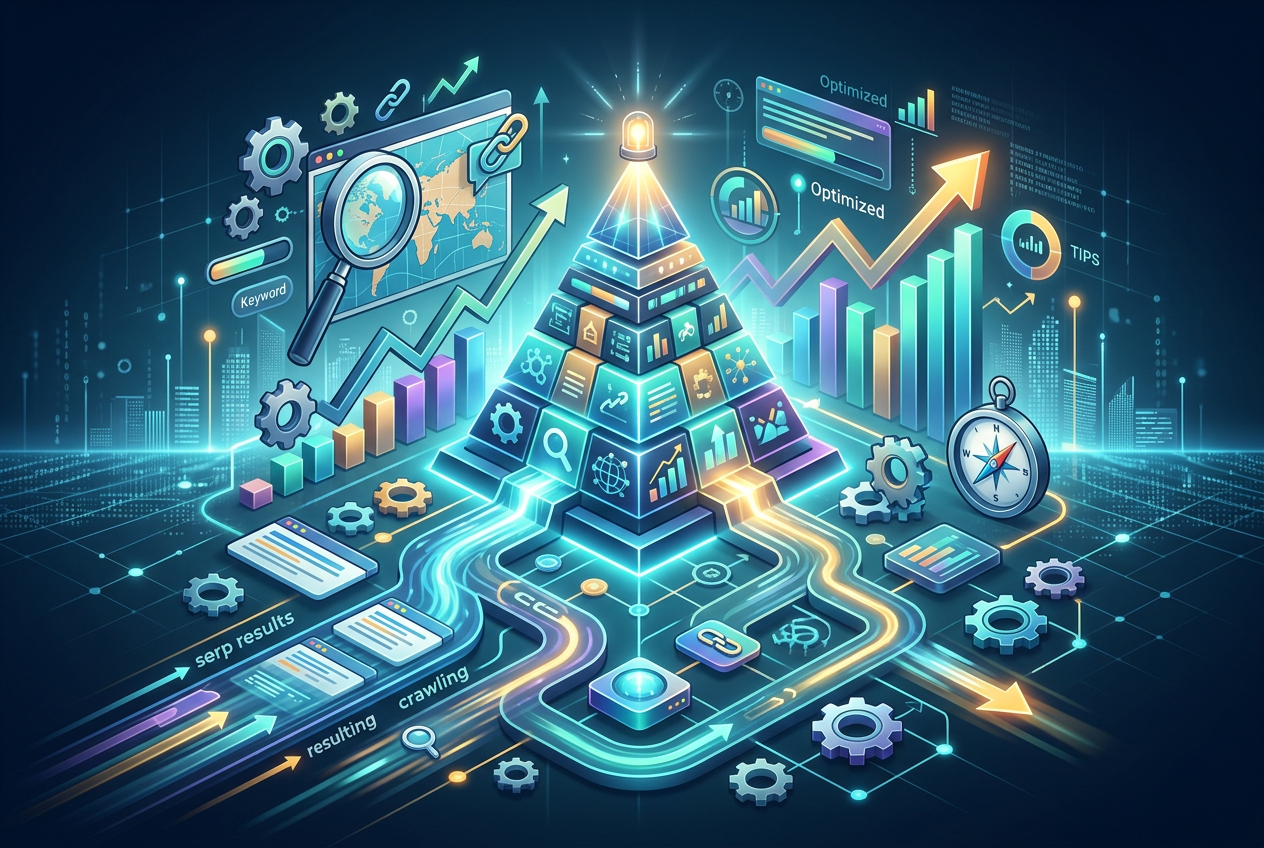 A futuristic, glowing isometric illustration depicting the core concepts of Search Engine Optimization (SEO). It features a central pyramid structure made of data blocks, surrounded by elements like a magnifying glass over a world map (keyword research), upward trending bar graphs, a compass (navigation/direction), gears (optimization), and data flows labeled 'crawling', 'resulting', and 'serp results'. The overall aesthetic is high-tech and digital.