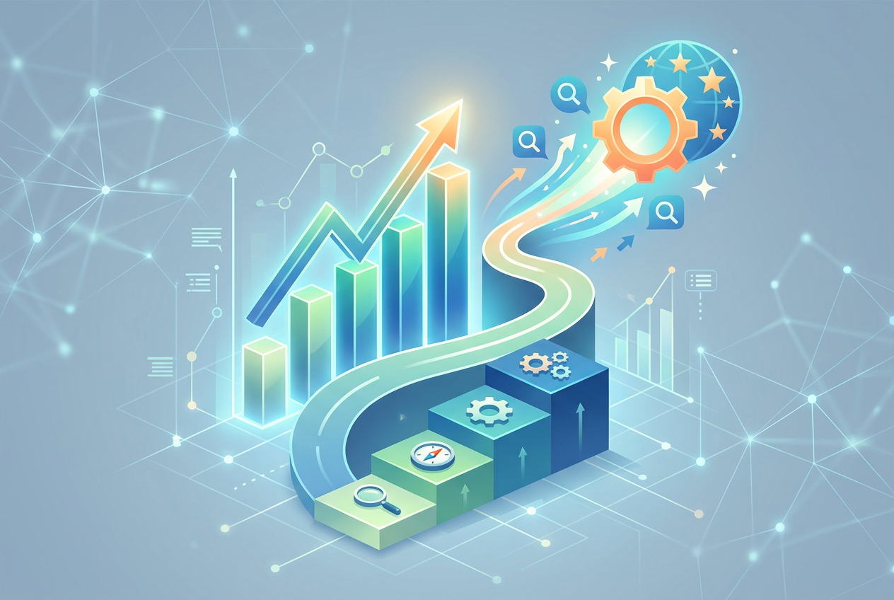 Isometric illustration depicting a digital growth strategy, featuring a rising bar chart, a winding road leading upwards with an arrow, magnifying glasses, gears, a compass, and a globe with stars, all set against a light blue network background.