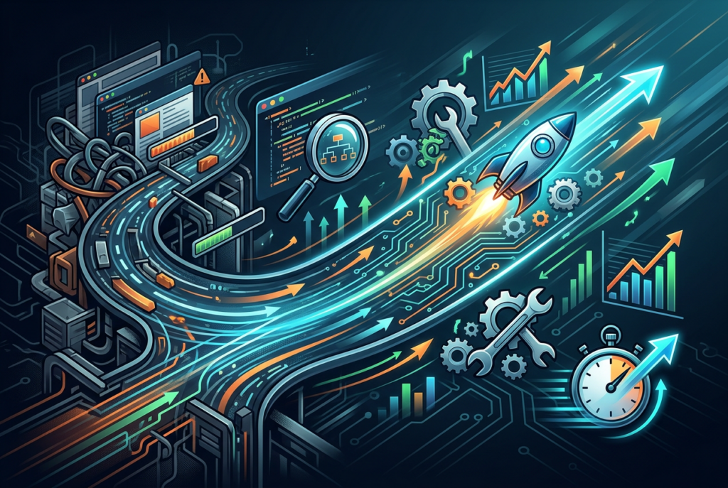 Isometric illustration depicting digital concepts related to website speed and optimization. A glowing, winding data highway flows from complex server infrastructure on the left towards a rocket launching upwards, symbolizing rapid growth. Elements include code windows, a magnifying glass over a flowchart, gears, bar graphs showing upward trends, and a stopwatch indicating improved performance.