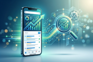 A smartphone displaying search results with star ratings and a rising bar graph, next to a large magnifying glass overlaying a digital circuit board design featuring a WordPress logo and an upward trending arrow, illustrating mobile SEO and analytics.