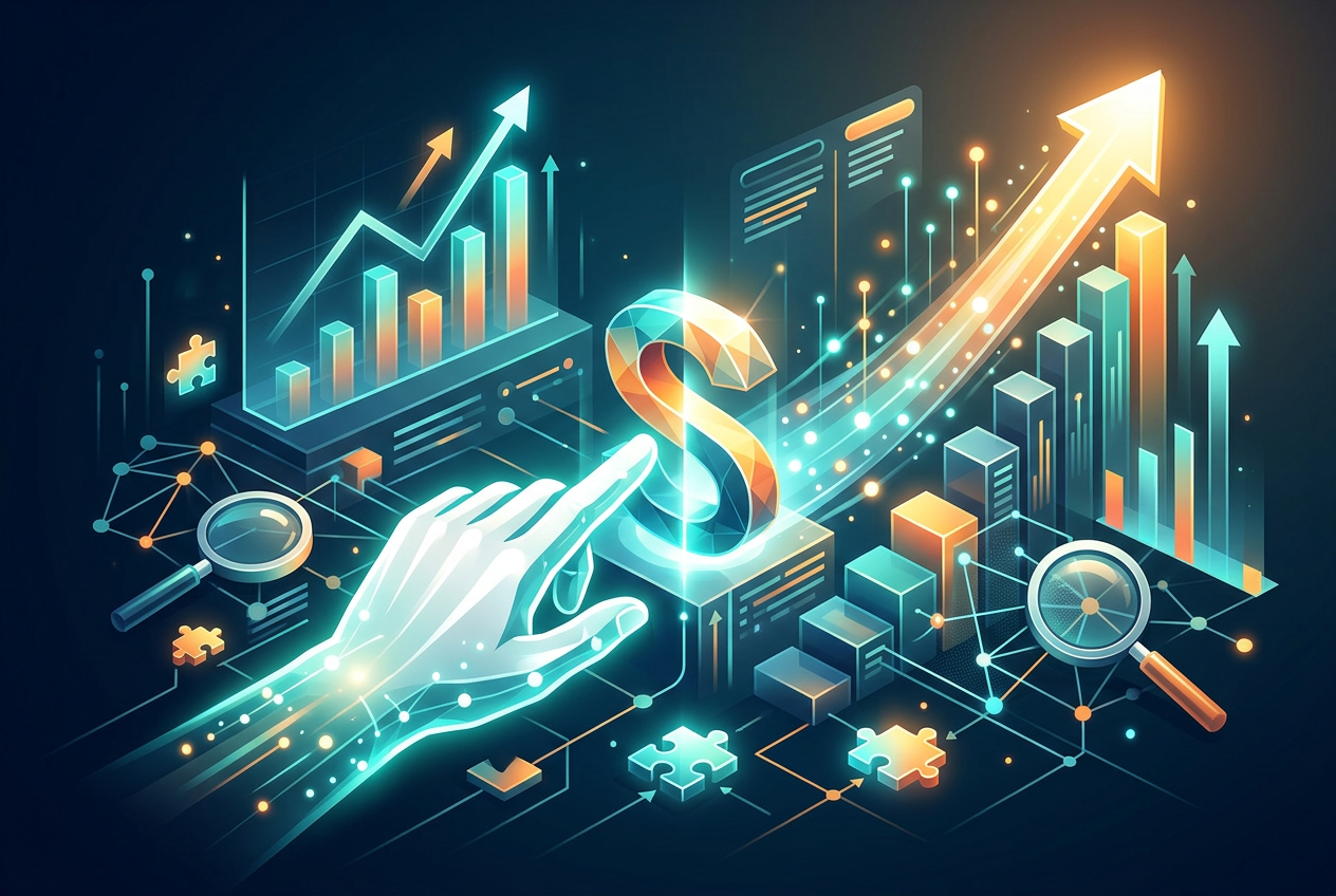 A futuristic, isometric illustration representing data analysis and financial growth. It features glowing digital elements, including a large stylized dollar sign (S), bar charts showing upward trends, a glowing hand interacting with the elements, magnifying glasses, and interconnected nodes, all set against a dark blue background.