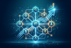 A futuristic, glowing blue and orange digital network diagram featuring interconnected hexagonal nodes with icons representing search, settings, documents, user profiles, and an upward-trending arrow graph, symbolizing data flow and growth in a technological context.