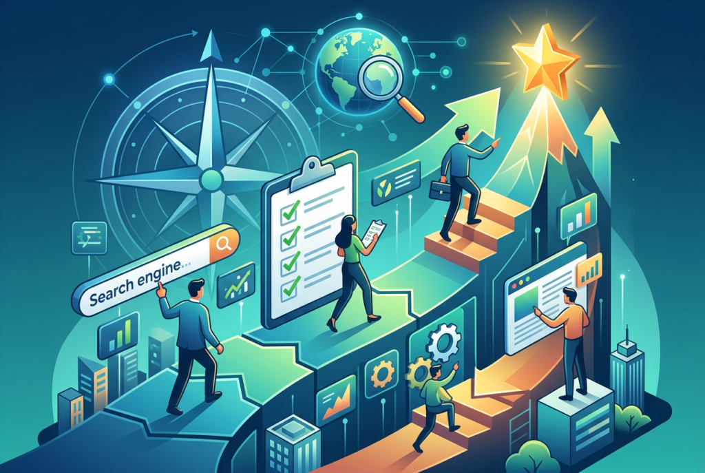 Illustration depicting the process of Search Engine Optimization (SEO) as a journey toward success. Figures are shown interacting with a search bar, a checklist, data analytics charts, and climbing stairs towards a shining star at the peak of a mountain, symbolizing high search engine rankings.