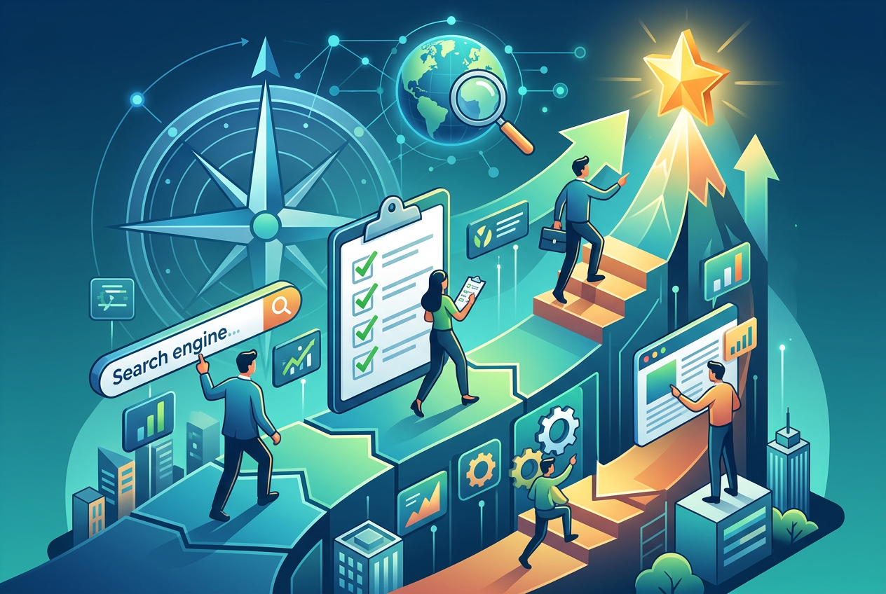 Illustration depicting the process of Search Engine Optimization (SEO) as a journey toward success. Figures are shown interacting with a search bar, a checklist, data analytics charts, and climbing stairs towards a shining star at the peak of a mountain, symbolizing high search engine rankings.