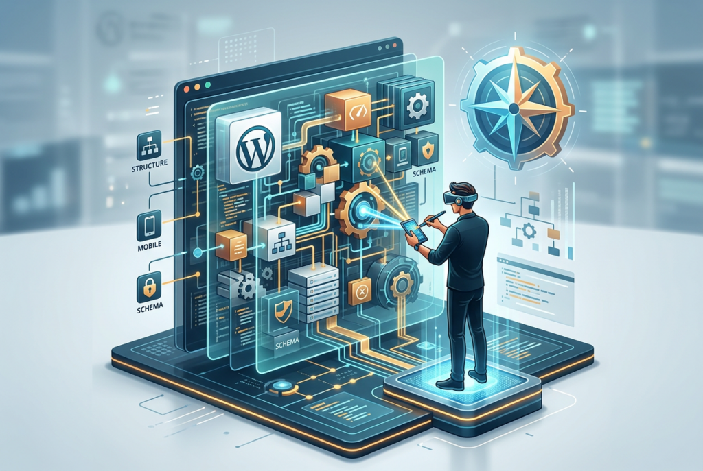 A developer wearing VR goggles interacts with a holographic, interconnected system representing WordPress SEO elements, including structure, mobile optimization, and schema markup, suggesting advanced technical configuration.