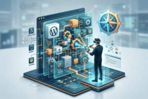 A developer wearing VR goggles interacts with a holographic, interconnected system representing WordPress SEO elements, including structure, mobile optimization, and schema markup, suggesting advanced technical configuration.