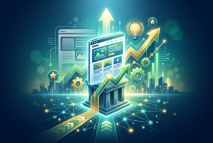 A stylized, glowing digital illustration representing growth and success in web performance, featuring a central website interface on a pedestal, surrounded by upward-trending line graphs, gears, a lightbulb with a laurel wreath, and a network of connected nodes against a dark blue, futuristic cityscape background.
