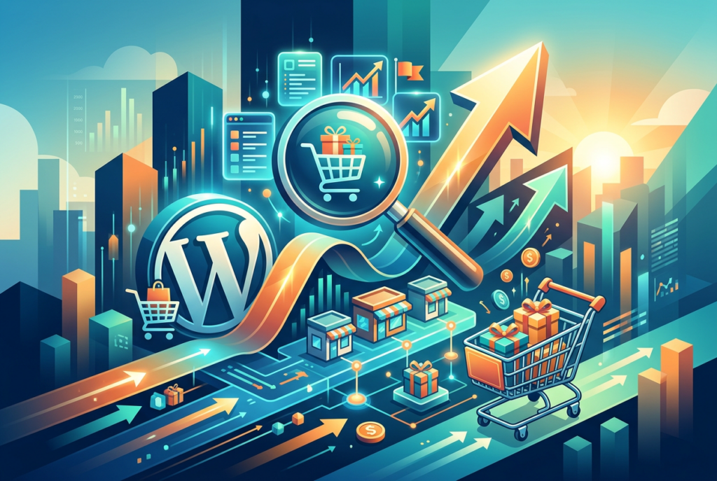 A vibrant, stylized illustration depicting digital commerce growth. Key elements include a large WordPress logo, a magnifying glass focusing on a shopping cart with gifts, upward trending arrows, bar graphs, small storefront icons, and a shopping cart full of presents, all set against a futuristic cityscape at sunrise.