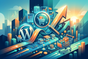 A vibrant, stylized illustration depicting digital commerce growth. Key elements include a large WordPress logo, a magnifying glass focusing on a shopping cart with gifts, upward trending arrows, bar graphs, small storefront icons, and a shopping cart full of presents, all set against a futuristic cityscape at sunrise.