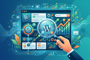 A stylized illustration depicting a WordPress SEO audit. A hand holds a magnifying glass over a digital dashboard showing the WordPress logo, security shields, performance graphs trending upwards, and various data points, set against a blue and teal background with technological elements like circuits and spiders.