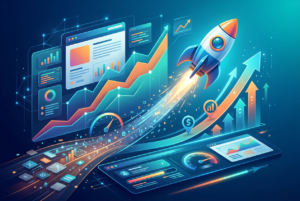 A stylized, futuristic illustration depicting rapid growth and performance improvement, featuring a rocket launching upwards along a bright, upward-trending line graph, surrounded by digital dashboards, data visualizations, speedometers, and glowing data streams, symbolizing website speed optimization and SEO success.