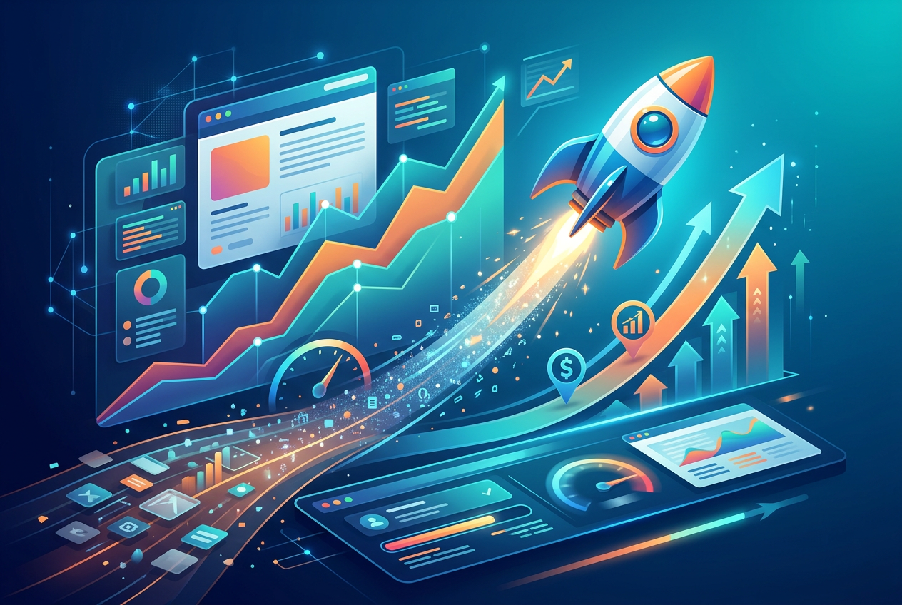 A stylized, futuristic illustration depicting rapid growth and performance improvement, featuring a rocket launching upwards along a bright, upward-trending line graph, surrounded by digital dashboards, data visualizations, speedometers, and glowing data streams, symbolizing website speed optimization and SEO success.