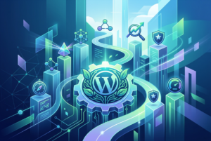A futuristic, stylized illustration featuring a large central gear with the WordPress logo surrounded by leaves, set against a backdrop of glowing blue and green digital skyscrapers and a winding road representing a digital pathway. Icons representing SEO concepts like security (shield), performance (gauge), analytics (magnifying glass with arrow), and connectivity (molecular structures) are placed on top of the structures.