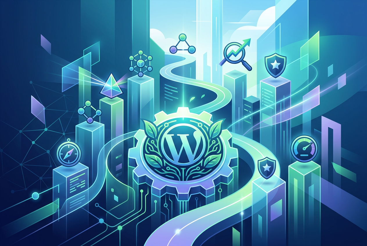 A futuristic, stylized illustration featuring a large central gear with the WordPress logo surrounded by leaves, set against a backdrop of glowing blue and green digital skyscrapers and a winding road representing a digital pathway. Icons representing SEO concepts like security (shield), performance (gauge), analytics (magnifying glass with arrow), and connectivity (molecular structures) are placed on top of the structures.