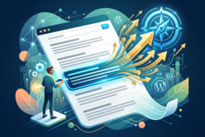 An illustration depicting a person interacting with a large document or webpage, symbolizing content creation or editing. Glowing arrows shoot upwards and outwards from a highlighted section of the text towards a glowing compass, suggesting growth, direction, and SEO success, with WordPress logos visible in the background.
