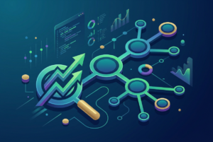 Isometric illustration representing data analysis and SEO strategy, featuring a magnifying glass over a rising arrow graph, connected to a network of nodes and various charts and code snippets in a dark blue and green color scheme.