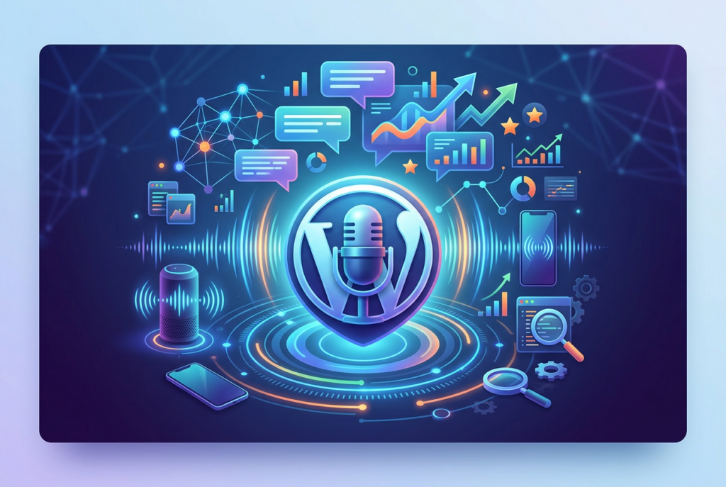 A futuristic, neon-blue digital illustration representing voice search engine optimization (SEO) for WordPress. The central element is a microphone icon inside a 'W' shield, surrounded by glowing concentric circles and sound waves. Various digital elements float around, including speech bubbles, upward-trending graphs, data charts, a smart speaker, a smartphone, and magnifying glasses, symbolizing data analysis, connectivity, and voice technology integration.