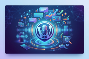 A futuristic, neon-blue digital illustration representing voice search engine optimization (SEO) for WordPress. The central element is a microphone icon inside a 'W' shield, surrounded by glowing concentric circles and sound waves. Various digital elements float around, including speech bubbles, upward-trending graphs, data charts, a smart speaker, a smartphone, and magnifying glasses, symbolizing data analysis, connectivity, and voice technology integration.