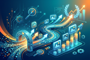 A futuristic, digital illustration depicting data flow, growth, and optimization, featuring glowing circuit board elements, a magnifying glass over the word 'SEO', upward trending arrows, bar graphs, image icons, a compass, and a rocket launching upwards, symbolizing digital marketing and search engine optimization success.
