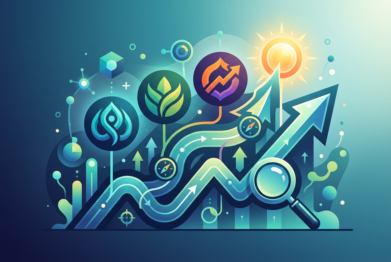 Abstract illustration depicting growth, analysis, and direction, featuring a large upward-pointing arrow, winding data paths with compass icons, a magnifying glass, and circular icons representing concepts like nature/sustainability and finance/growth, set against a dark teal gradient background.