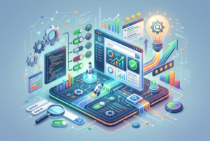 Isometric illustration depicting SEO optimization concepts for WordPress, featuring a dashboard with charts, toggle switches for settings, gears, rockets launching upwards, a magnifying glass over a search bar, and a glowing lightbulb containing a gear and magnifying glass, symbolizing insight and technical SEO.