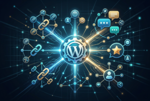 A central WordPress gear icon connected via glowing digital circuits to various network icons representing off-page SEO factors, including link building chains, social media speech bubbles, user profiles, a star rating, and a globe.