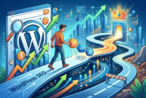 An illustration depicting a man walking along a path labeled "WordPress SEO" towards a glowing gateway topped with a golden crown. The path is lined with growth charts, the WordPress logo, and icons representing content, code, and settings, symbolizing the journey to SEO success.